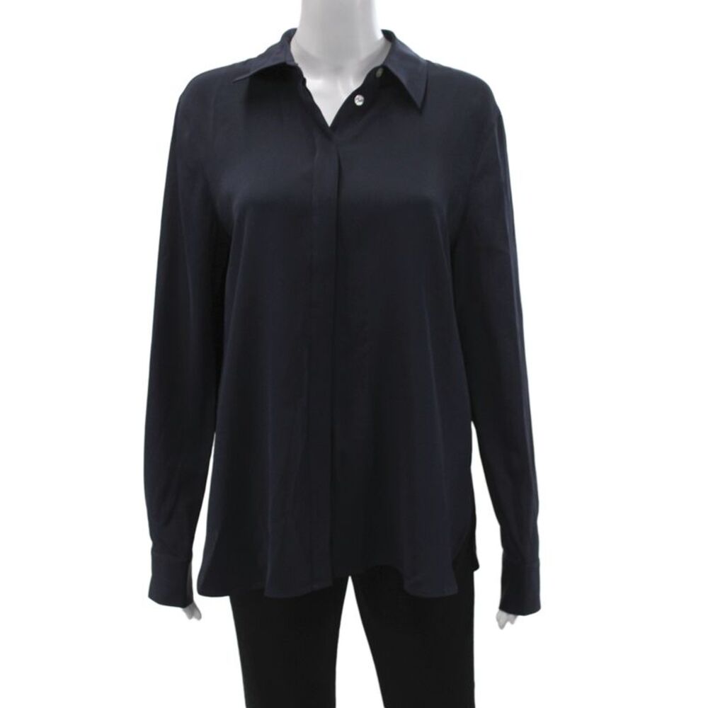 Lily Silk Womens Mulberry Silk Collared Button Long Sleeve Blouse Blue Size L